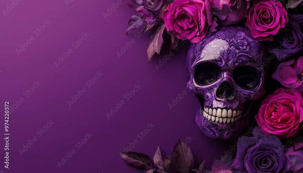 Close-up of a purple sugar skull adorned with roses on a matching background, symbolizing Dia de Muertos and Mexican culture.
Close-up of a purple sugar skull adorned with roses on a matching background, symbolizing Dia de Muertos and Mexican culture.