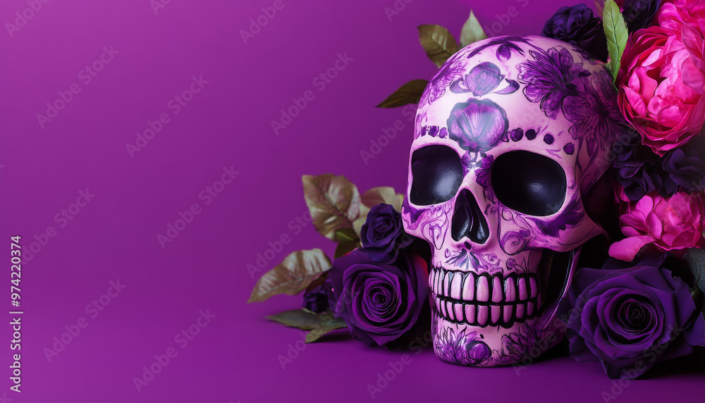 Close-up of a purple sugar skull adorned with roses on a matching background, symbolizing Dia de Muertos and Mexican culture.
Close-up of a purple sugar skull adorned with roses on a matching background, symbolizing Dia de Muertos and Mexican culture.