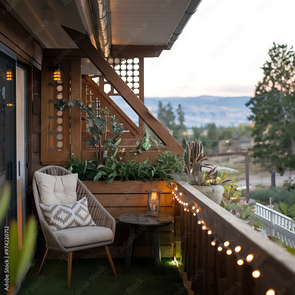 A photo of a beautiful and unique balcony with a wooden railing, lush plants, and a comfortable chair. The balcony is adorned with fairy lights and has a small table. A photo of a beautiful and unique balcony with a wooden railing, lush plants, and a comfortable chair. The balcony is adorned with fairy lights and has a small table.