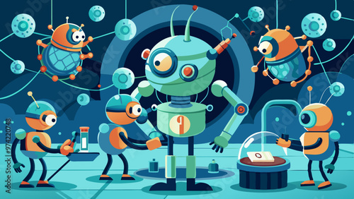 A group of robots are working together in a lab