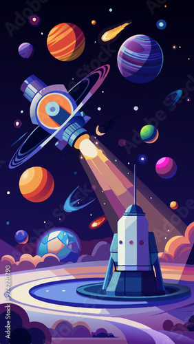 A colorful space scene with a rocket and a planet