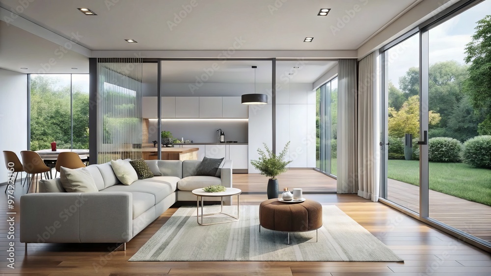 Modern minimalist interior features a sleek white sliding glass door ...