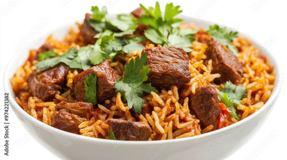 A bowl of flavorful beef biryani, a popular Indian dish, topped with fresh cilantro. A bowl of flavorful beef biryani, a popular Indian dish, topped with fresh cilantro.