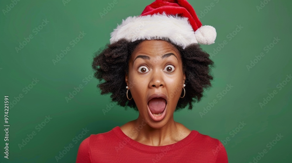A woman with a red shirt and a santa hat is making a surprised face A woman with a red shirt and a santa hat is making a surprised face