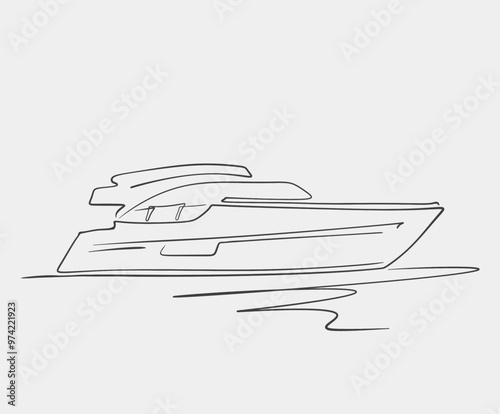 Simple one-line drawing of a luxury yacht cruising on water, illustrating a sleek and modern minimalist art style.
