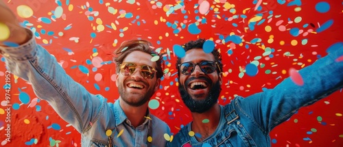 A photo of two happy in denim overalls and sunglasses, throwing confetti into the air against a red wall background. The scene is vibrant with colorful, glittery sparkles, creating a festive  photo