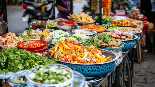 Street food stalls in Vietnam, with a variety of colorful and aromatic dishes