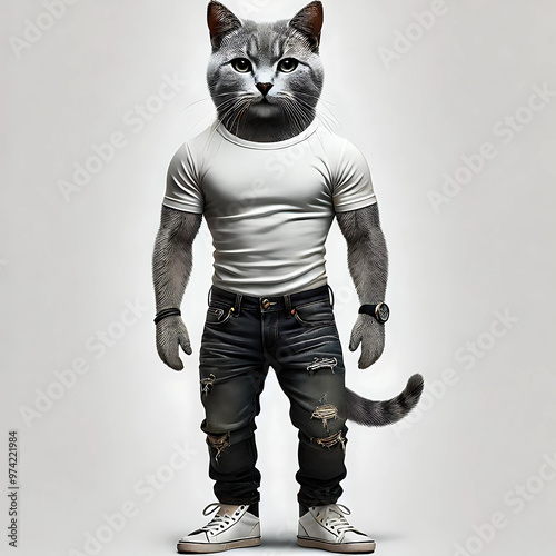 Cat wearing t-shirt and shabby jean on white background photo