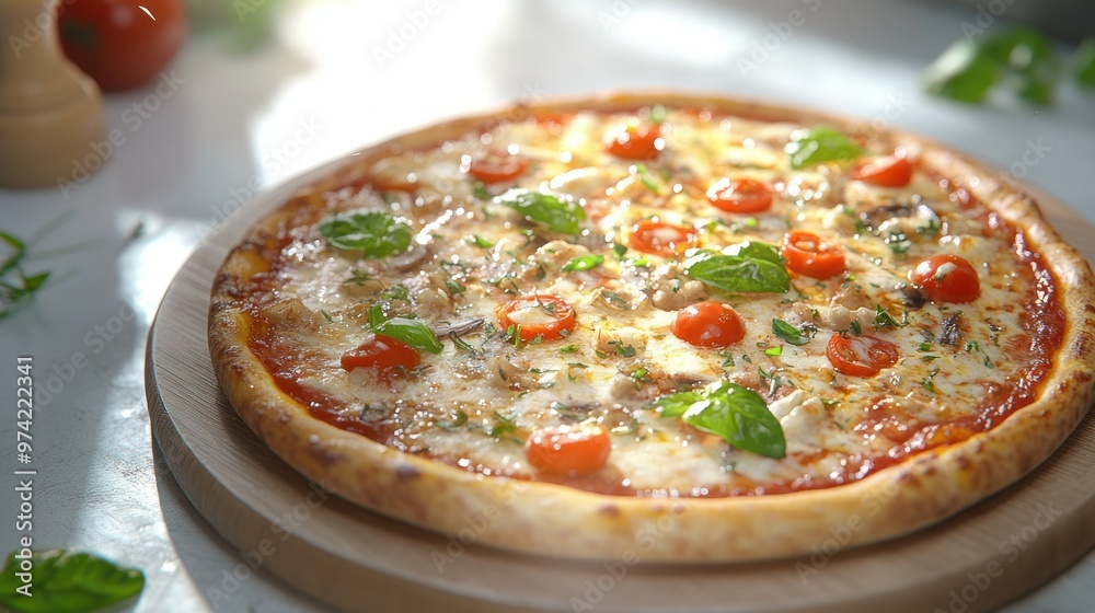 Margherita Italian pizza with melted mozzarella cheese and tomato garnished with fresh basil Margherita Italian pizza with melted mozzarella cheese and tomato garnished with fresh basil