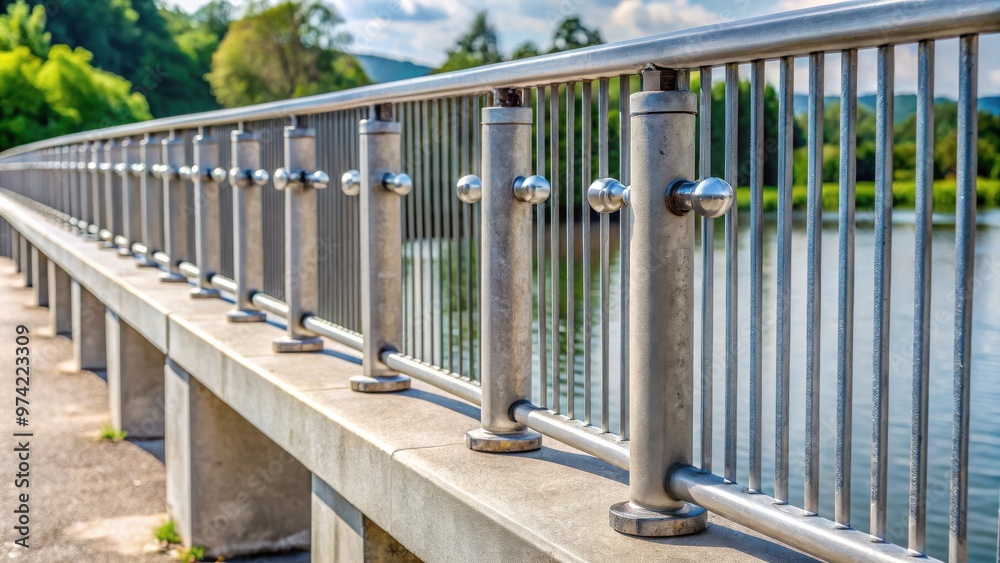 Railing at bridge with vertical fence bars anchored to ground, four concrete screws and plastic caps Railing at bridge with vertical fence bars anchored to ground, four concrete screws and plastic caps