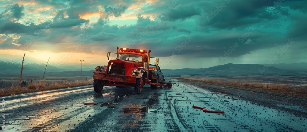 Tow truck with a broken car on a road Tow truck with a broken car on a road