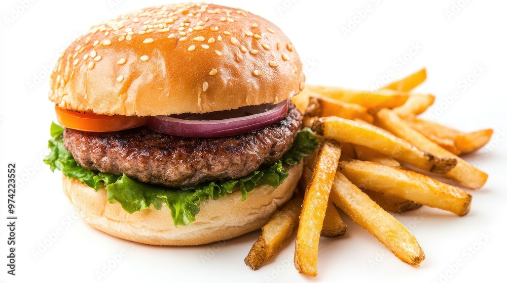 A classic cheeseburger with lettuce, tomato, onion, and a sesame seed bun, served with a side of golden-brown french fries. A classic cheeseburger with lettuce, tomato, onion, and a sesame seed bun, served with a side of golden-brown french fries.