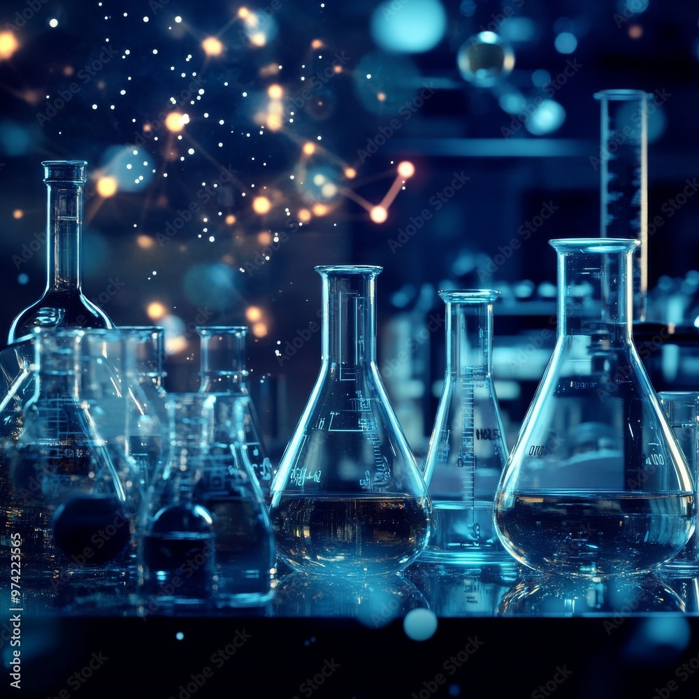 A collection of glass beakers and test tubes are lined up on a table A collection of glass beakers and test tubes are lined up on a table