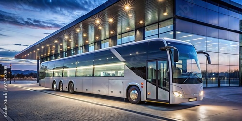 Nighttime exterior of a modern, sleek, illuminated sleeper bus parked at a bustling city terminal, rows of reclining