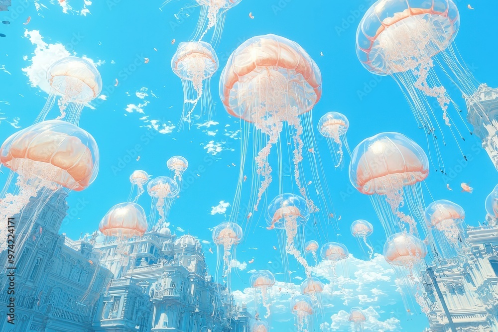 Magical floating jellyfish in whimsical fantasy sky with fluffy clouds and futuristic architecture Magical floating jellyfish in whimsical fantasy sky with fluffy clouds and futuristic architecture