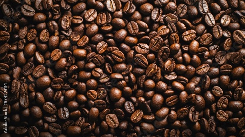 A close-up image of a large group of roasted coffee beans.