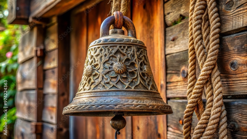 Fototapeta premium Old-fashioned metal school bell suspended from a rope, intricately designed with a rustic patina, evoking a sense of