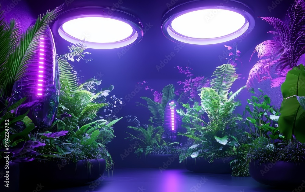 Fototapeta premium Vibrant indoor garden illuminated by purple lights, showcasing lush plants in a modern setting for indoor gardening enthusiasts.
