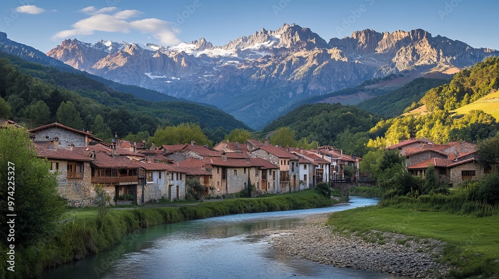 Fototapeta premium Discover Potes, a captivating village nestled amidst the majestic Picos de Europa mountains. Its traditional houses and the meandering Deva River create a picturesque scene that will enchant you.