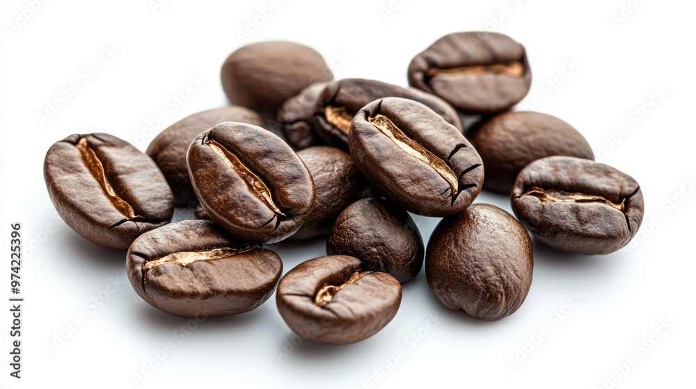 A close-up shot of roasted coffee beans isolated on a white background. A close-up shot of roasted coffee beans isolated on a white background.