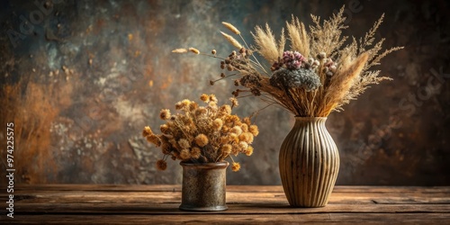 Beautiful dried flower arrangement in textured vase on rustic wooden table with second vase in dimly lit room