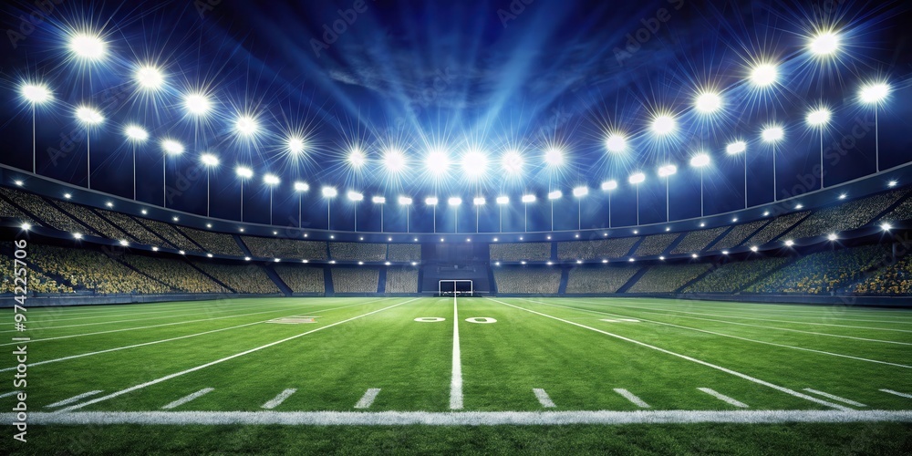 Fototapeta premium A captivating photo of a football field at night illuminated by bright spotlights, capturing the excitement of the game