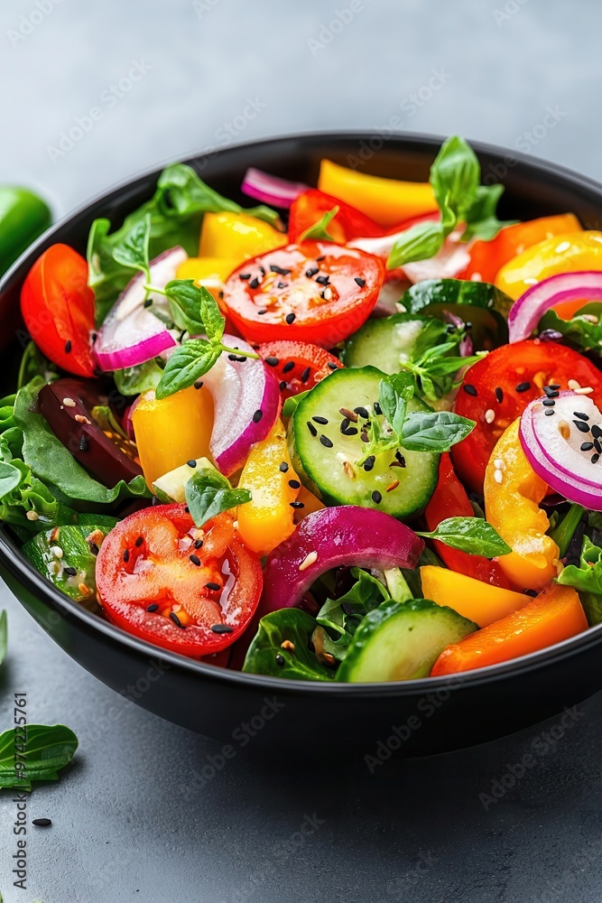 Fresh salad bowl with colorful vegetables and herbs, modern typography banner overlay for World Vegetarian Day, healthy eating, lifestyle choice Fresh salad bowl with colorful vegetables and herbs, modern typography banner overlay for World Vegetarian Day, healthy eating, lifestyle choice
