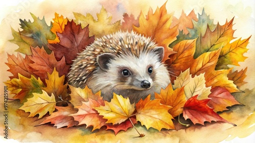 Charming watercolor painting of a hedgehog in autumn leaves creating a cozy scene photo