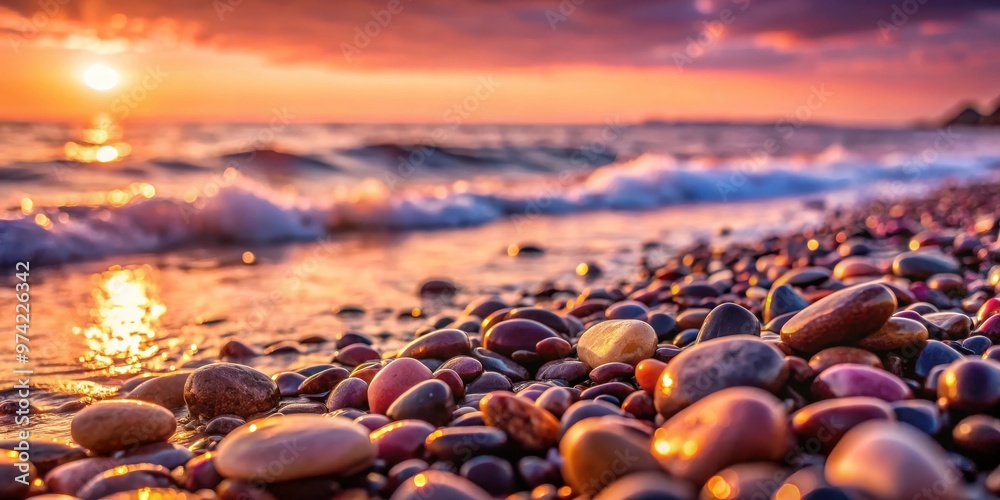 Obraz premium Wet pebbles on sea shore shining in pink sunset light