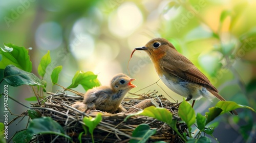 A baby bird is sitting in a nest with its mother photo