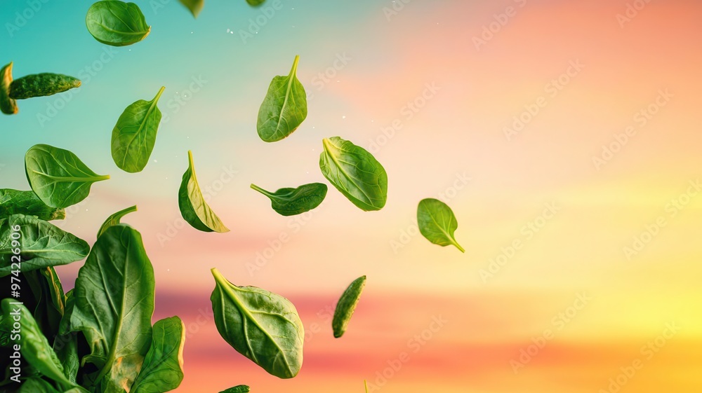 Naklejka premium Aerial shot of vegetables scattering like a meteor shower across a colorful sunset sky, motion-rich advertisement, fresh lifestyle