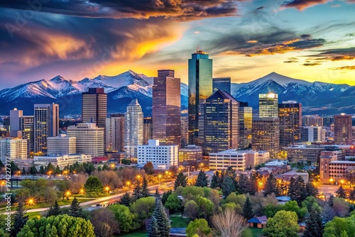 Panoramic view of Denver, Colorado's vibrant cityscape at dusk, featuring sleek skyscrapers, historic landmarks, and
