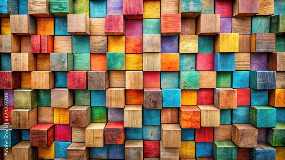 Colorful and vibrant wooden square texture backdrop with a stack of grunge cubes on the wall Colorful and vibrant wooden square texture backdrop with a stack of grunge cubes on the wall