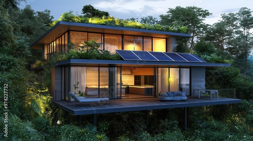 A smart home utilizing energy-saving technologies, with solar-powered devices, energy-efficient appliances, and a green garden on the roof.