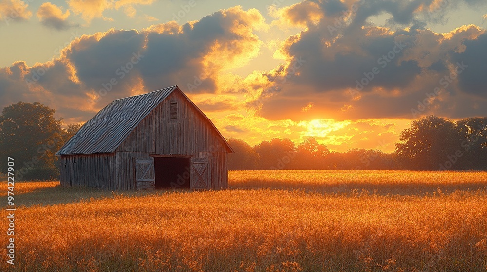 Rustic barn in a golden field at sunset Rustic barn in a golden field at sunset