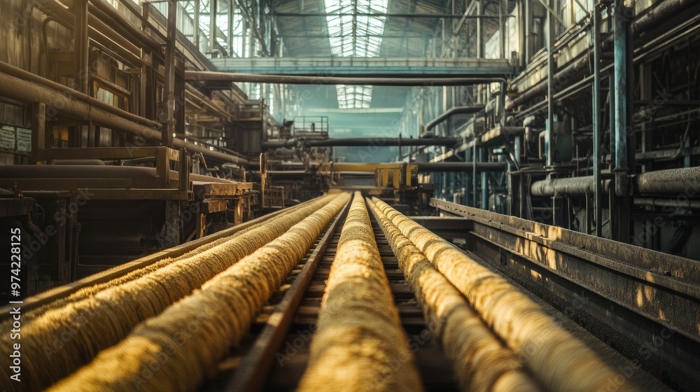 A sugarcane processing facility with conveyor belts, no people, copy space A sugarcane processing facility with conveyor belts, no people, copy space