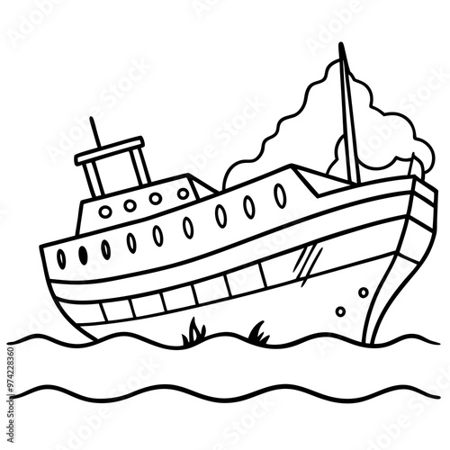 sunken sea vessel outline coloring book page line art drawing