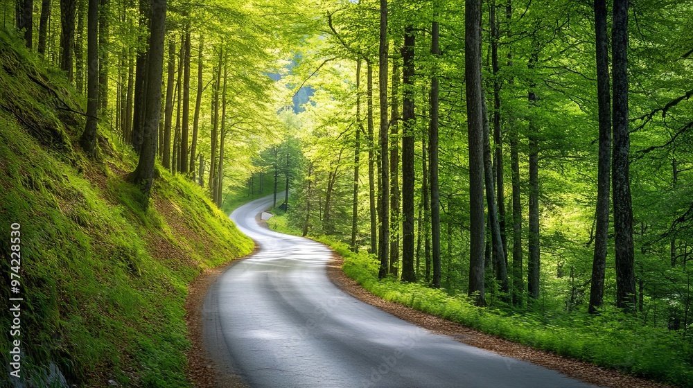 Naklejka premium Drive along a scenic mountain road in Europe with lush green views. A car journeys through a picturesque forest in Bavaria, Germany.