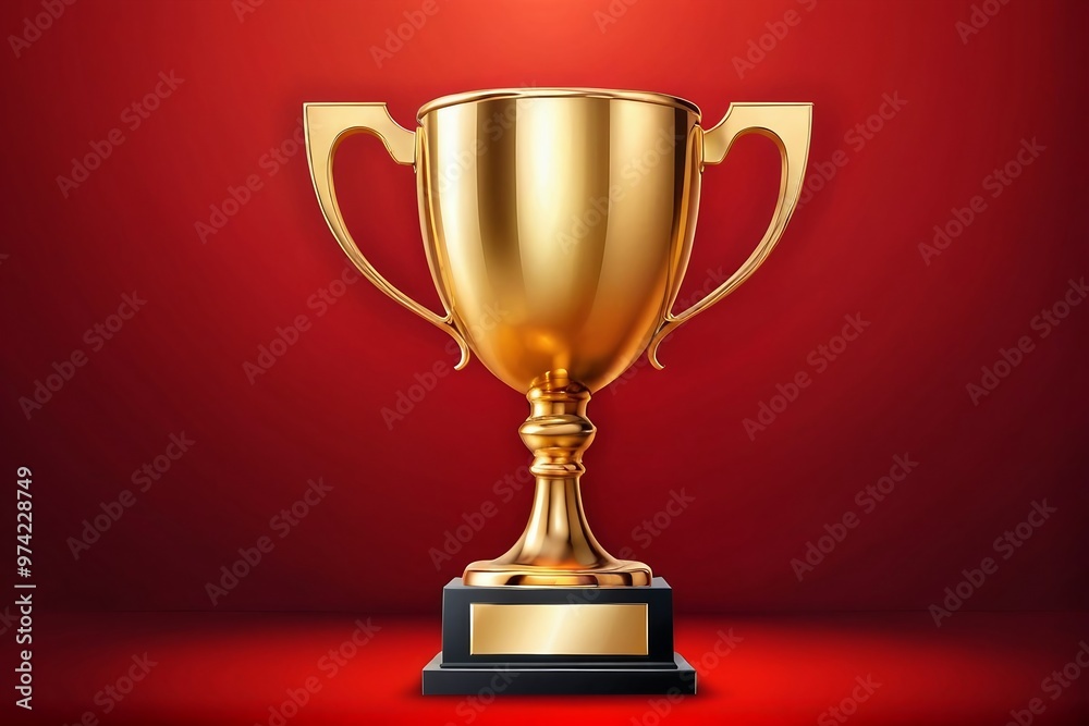 A golden champion cup on a red background with copy space. Graphic Resources. A golden champion cup on a red background with copy space. Graphic Resources.