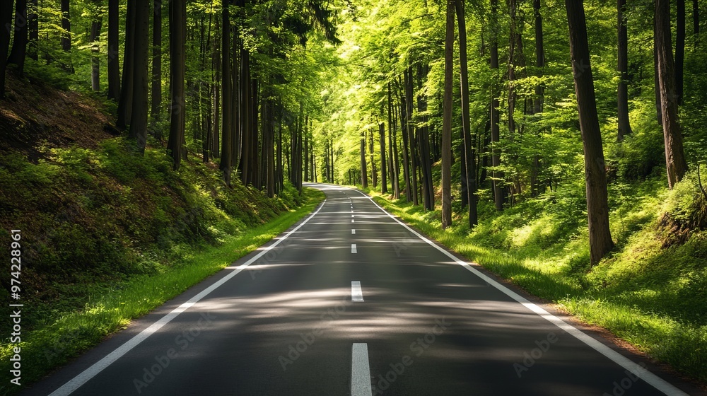 Obraz premium Drive along a scenic mountain road in Europe with lush green views. A car journeys through a picturesque forest in Bavaria, Germany.