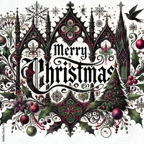 A watercolor graphic design featuring a blend of Christmas and gothic elements. The design includes dark, intricate patterns like gothic arches