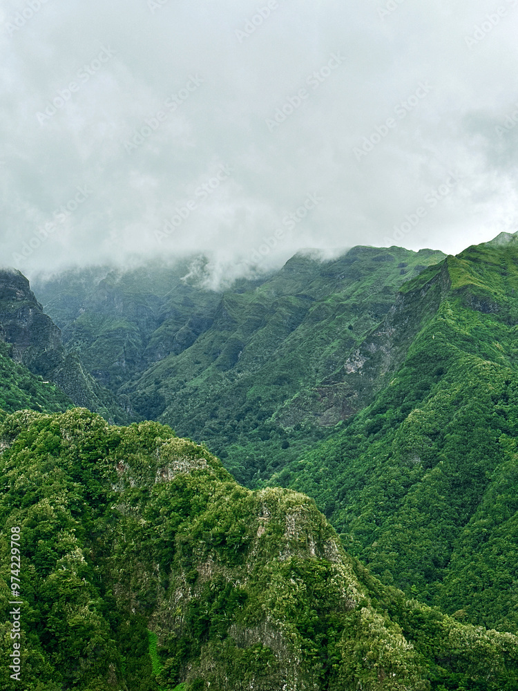 Fototapeta premium Hiking mountain trail among rocks and plants with a view of the clouds and gorge