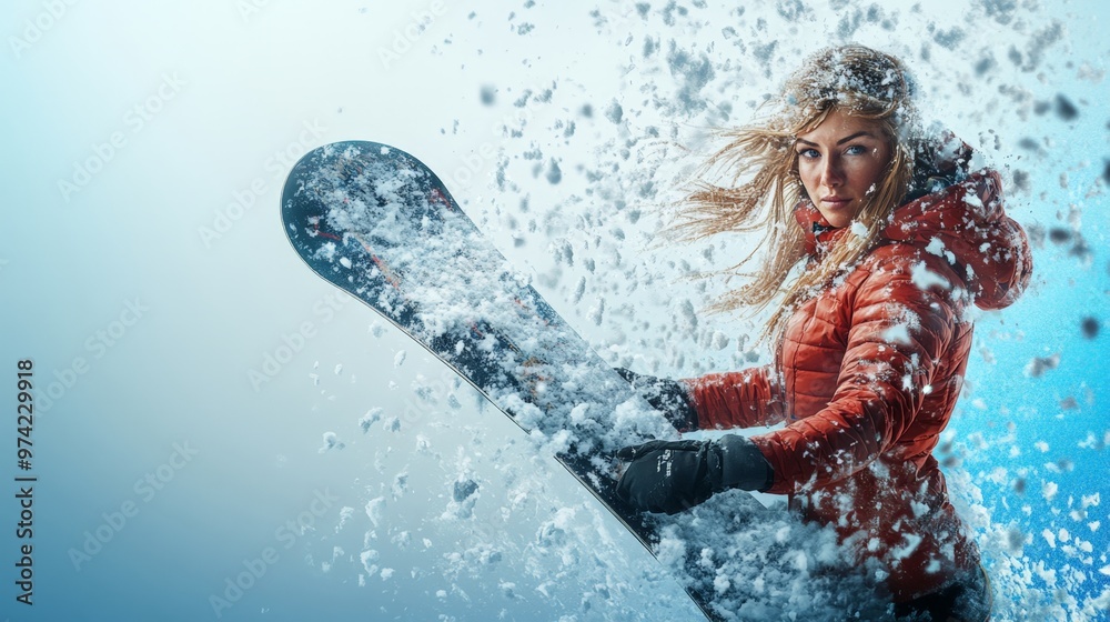 Create an ultra-detailed, photorealistic half-body portrait of a female snowboarder holding a snowboard, with snow flying around her. The background is a cold gradient of blue and white Create an ultra-detailed, photorealistic half-body portrait of a female snowboarder holding a snowboard, with snow flying around her. The background is a cold gradient of blue and white