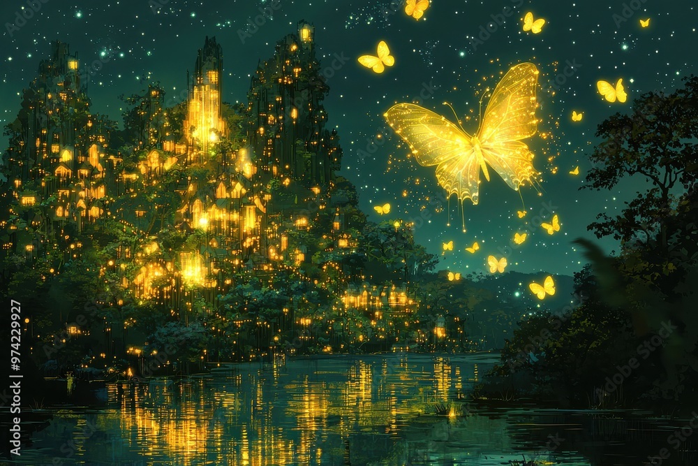 Magical night scene with glowing fireflies, butterflies, and illuminated trees reflecting in water Magical night scene with glowing fireflies, butterflies, and illuminated trees reflecting in water