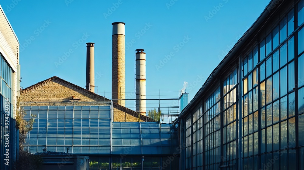 Factories chimneys rise high over greenhouses, with a clear blue sky above.
