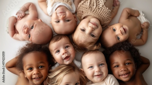 A group of babies are smiling and laying on their backs in a circle