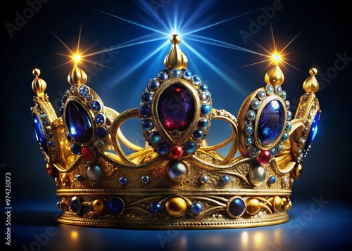 Regal golden crown with ornate jewels and flowing ribbons, set against a rich blue background, representing luxury,