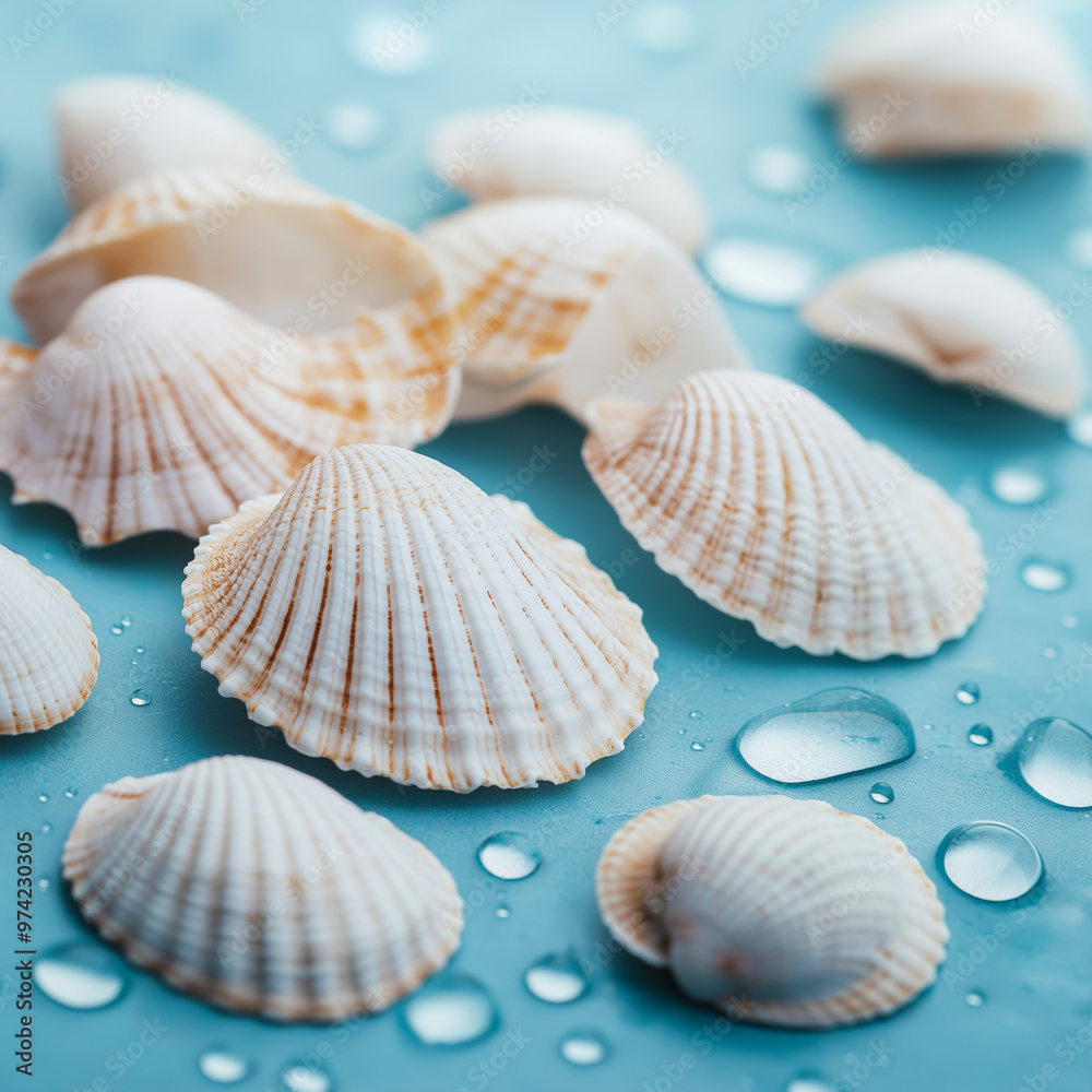 White seashells on a pastel blue background. Summer holiday and vacation concept. Seashell White seashells on a pastel blue background. Summer holiday and vacation concept. Seashell