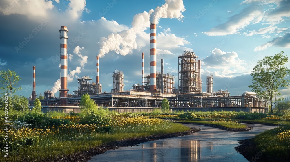 Obraz premium Factories prioritizing environmental sustainability with low emissions in industrial areas.