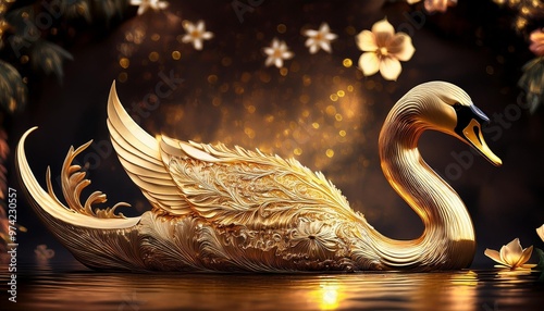 Elegant gold swan with floral accents